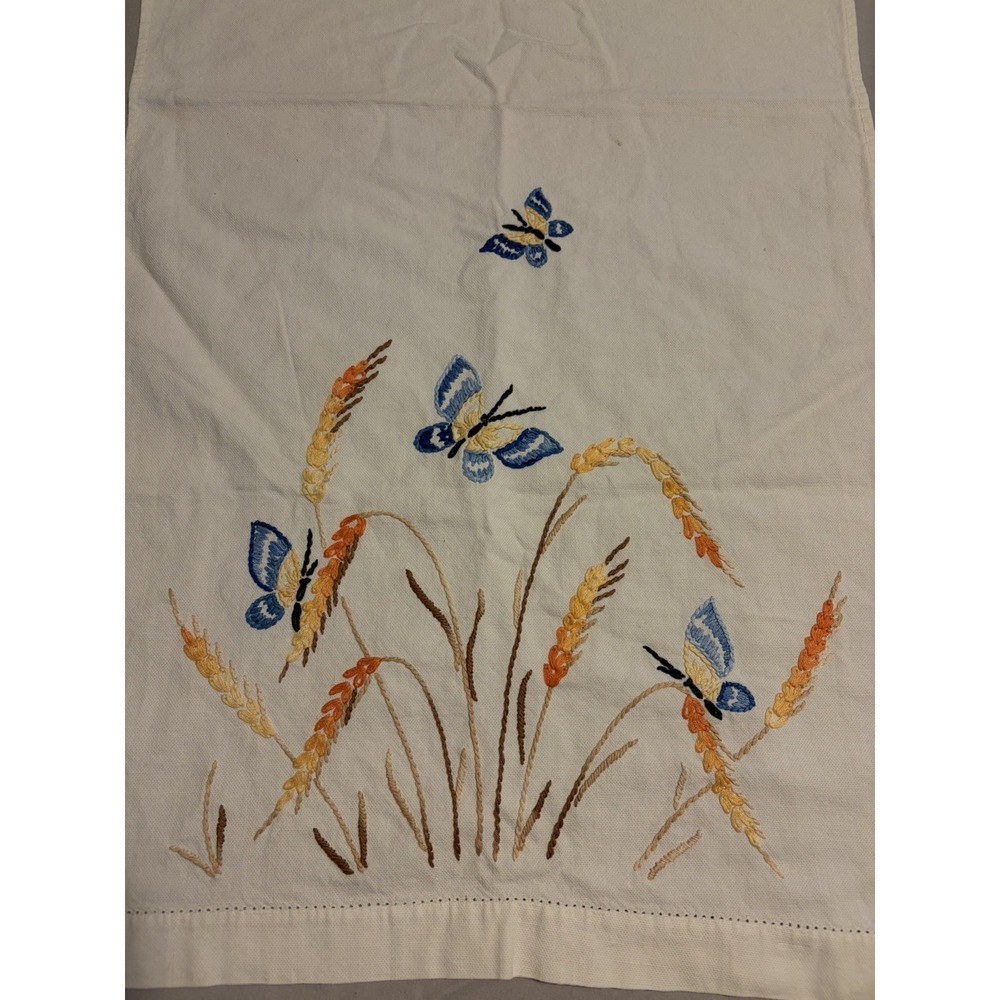 Hand Embroidered Dresser Scarf Table Runner Floral Butterflies 14 X 33" cottage
